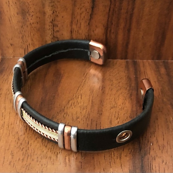 Two Tone Leather Wrapped Pure Copper Magnetic Bracelet Energy Cuff Bangle - Picture 2 of 5